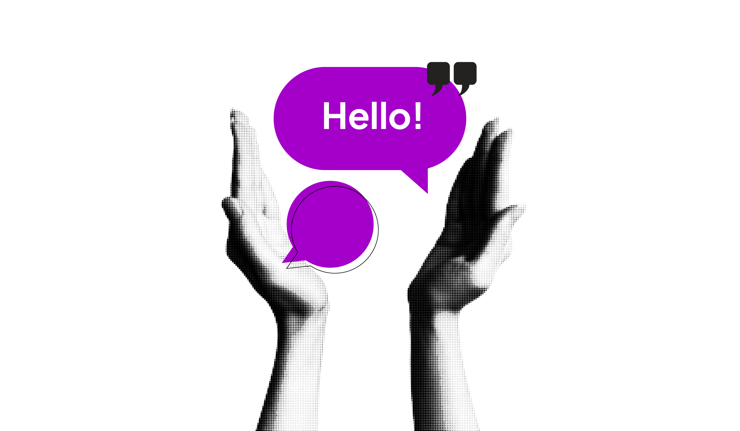 hands holding a hello speech bubble